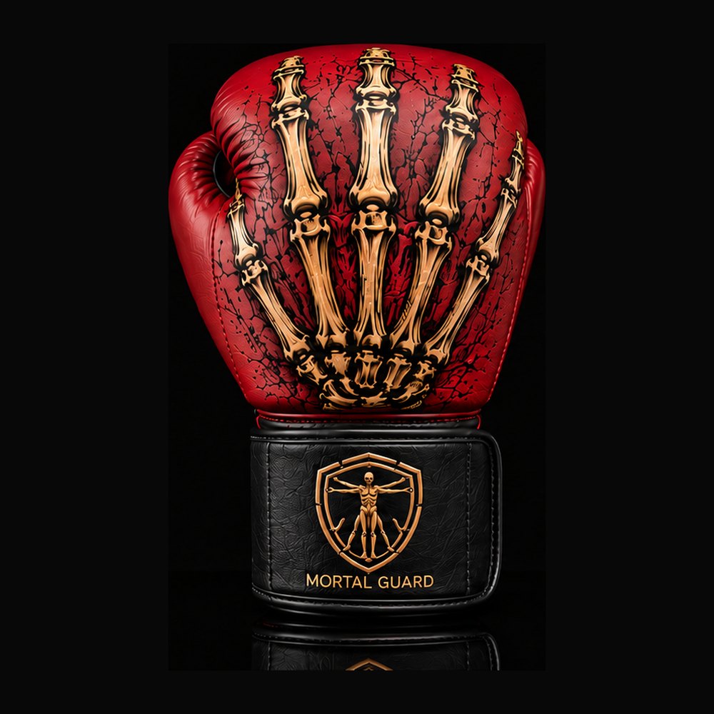 Gants de boxe MG1 Mortal Guard — jointures, cuir rouge, main squelettique dorée, poignet noir