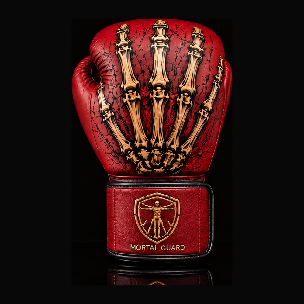 Gants de boxe MG2 Mortal Guard — jointures, cuir rouge, main squelettique dorée, poignet rouge