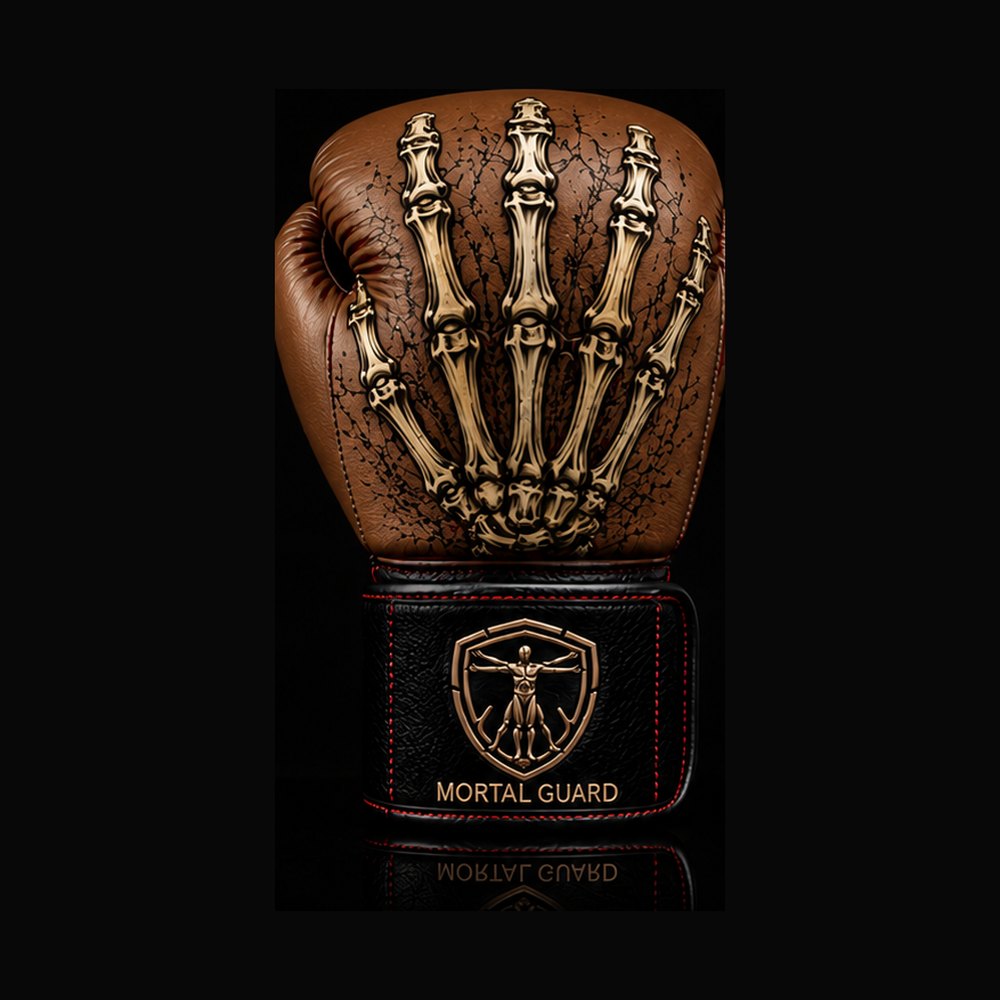 Gants de boxe MG3 Mortal Guard — jointures, cuir cognac, main squelettique dorée, poignet noir